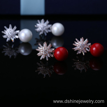 Crystal Zircon Pearl Earrings Stud Snowflake Shape Earring